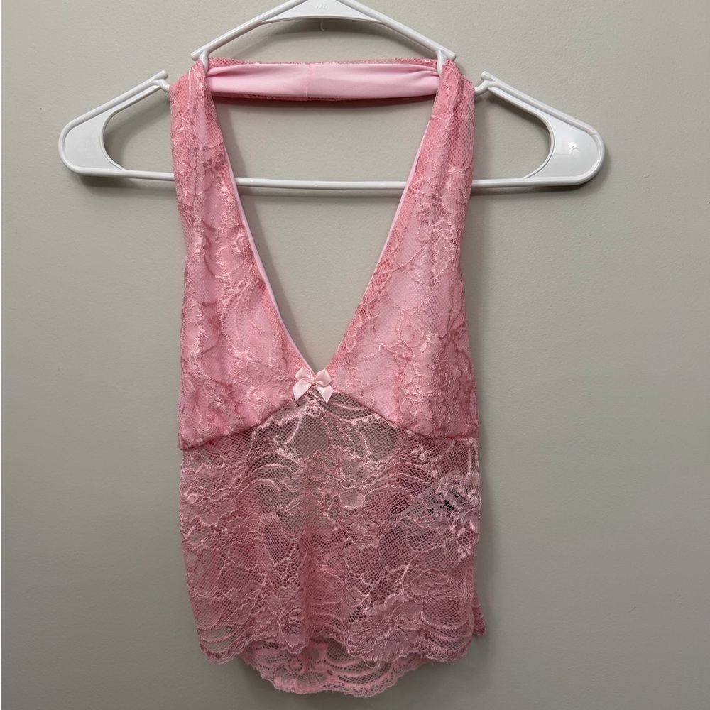 SHEIN Pink Lace Plunge Halter Top